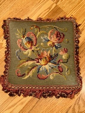 Floral Needlepoint square Fringe Pillow backed with‎ Brown Velvet